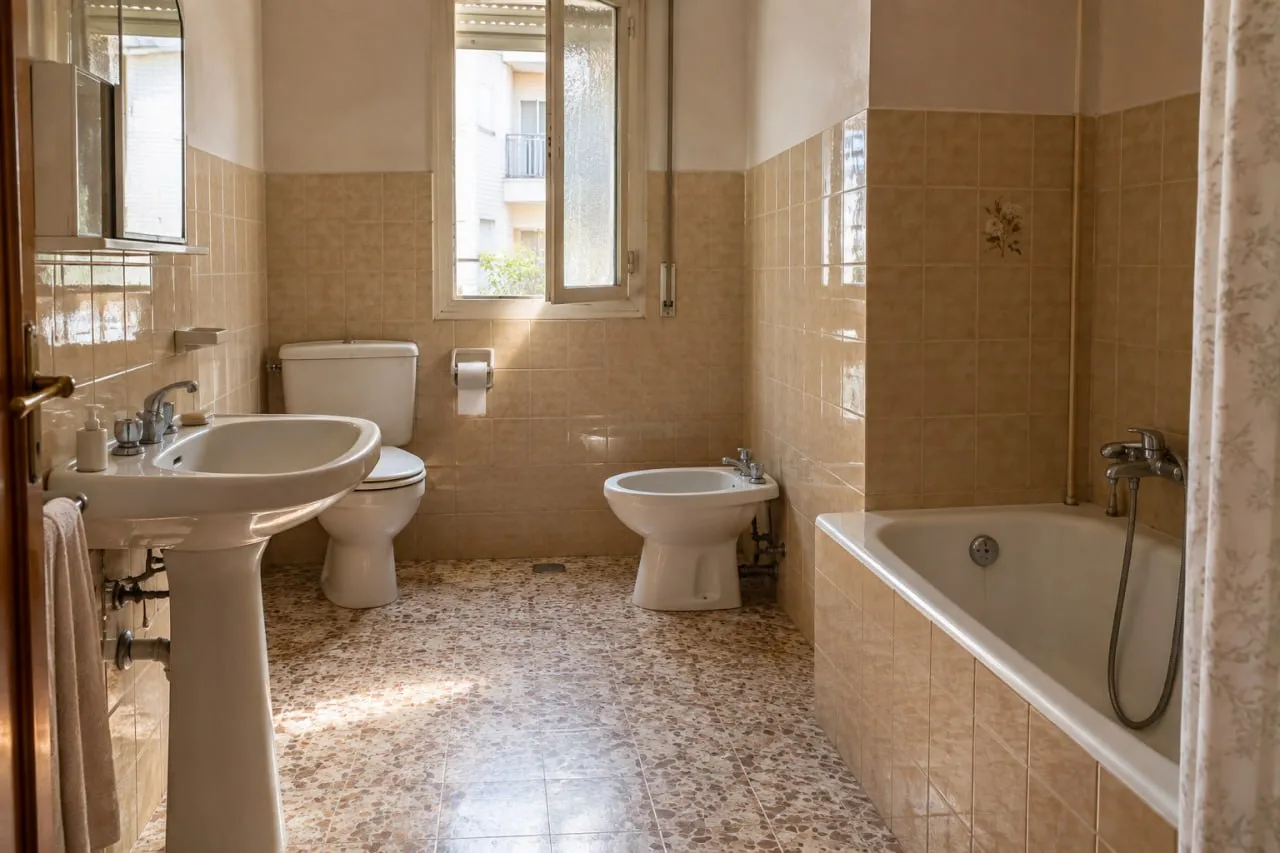 Baño antiguo con bañera de porcelana y azulejo claro