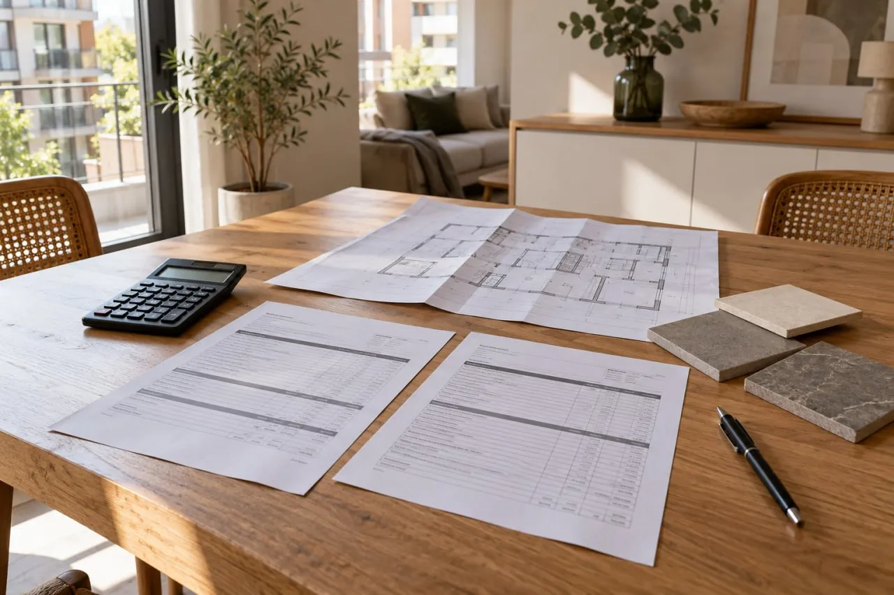Dos presupuestos sobre una mesa con un plano, una calculadora y muestras de materiales