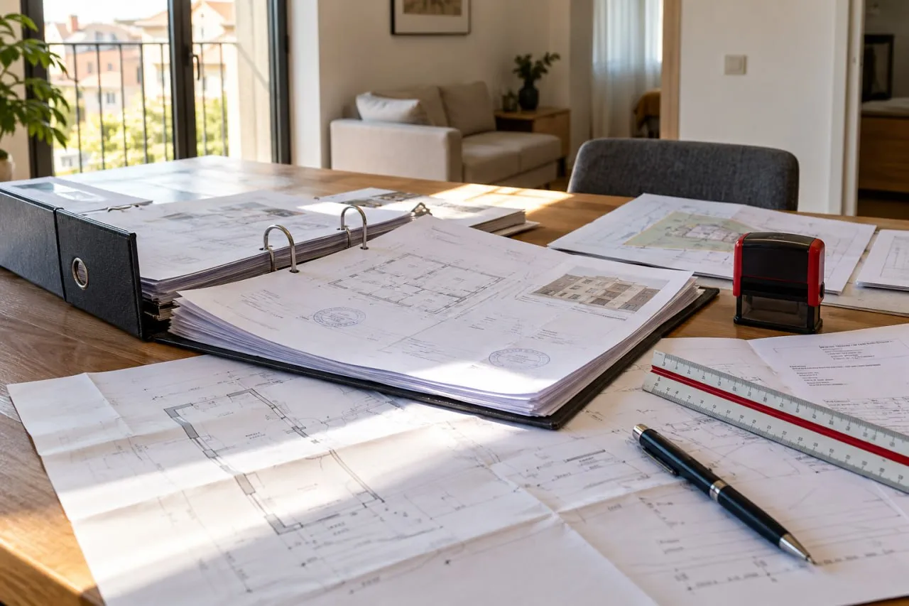 Planos y documentos de obra sobre una mesa, con un sello y una regla