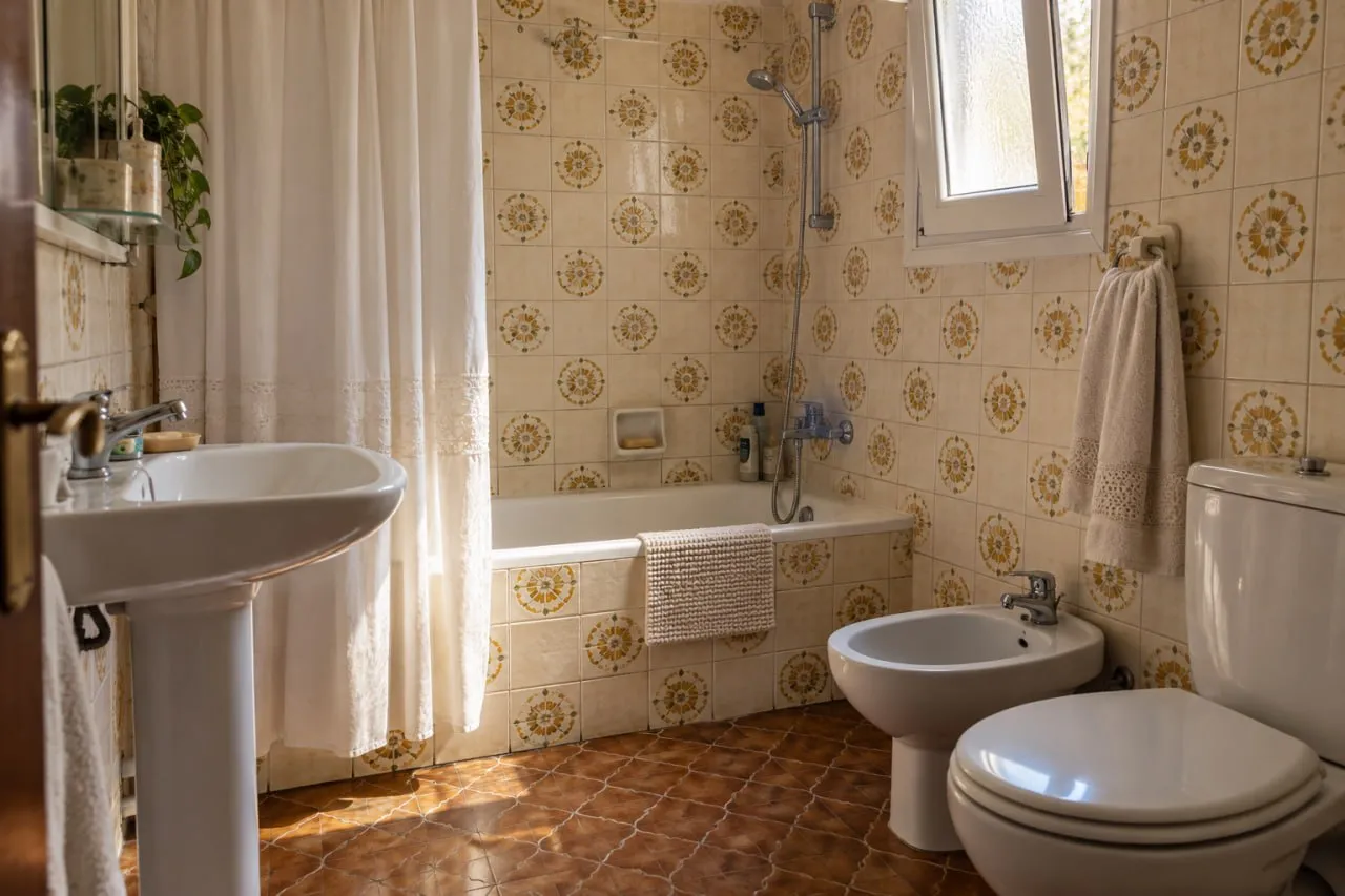 Baño antiguo con azulejo floral, bañera y lavabo de pedestal