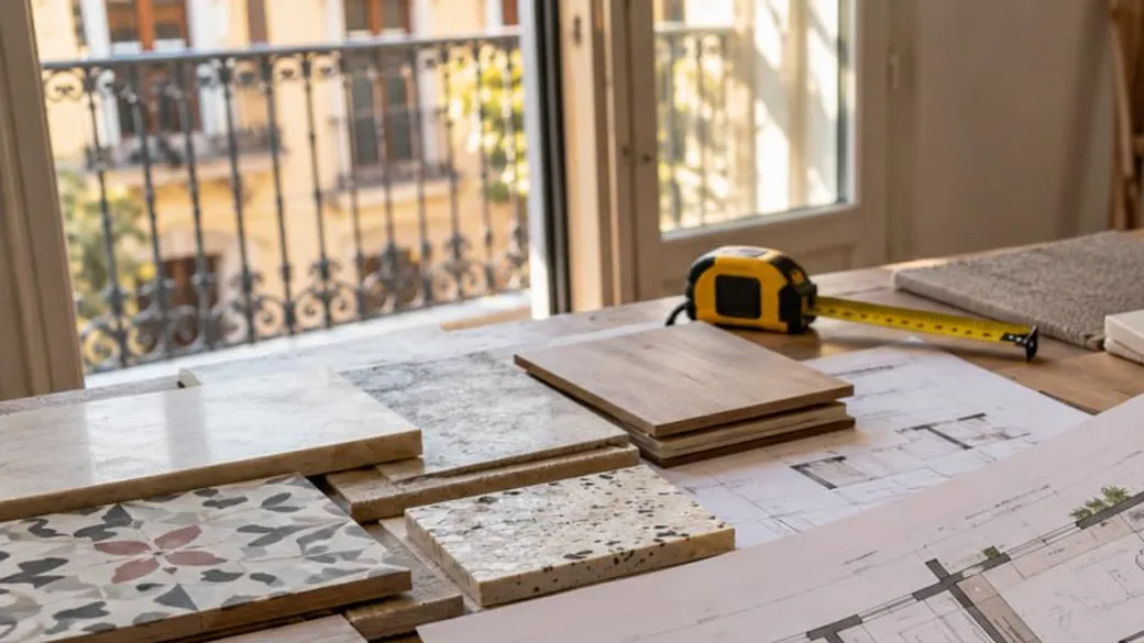 Planos de una vivienda, muestras de materiales y flexómetro sobre una mesa de trabajo
