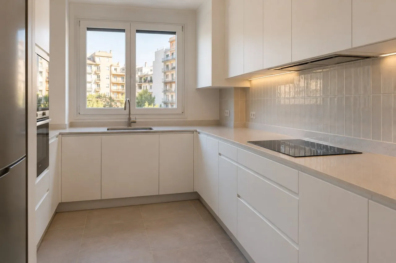 Cocina reformada con muebles claros y encimera de trabajo