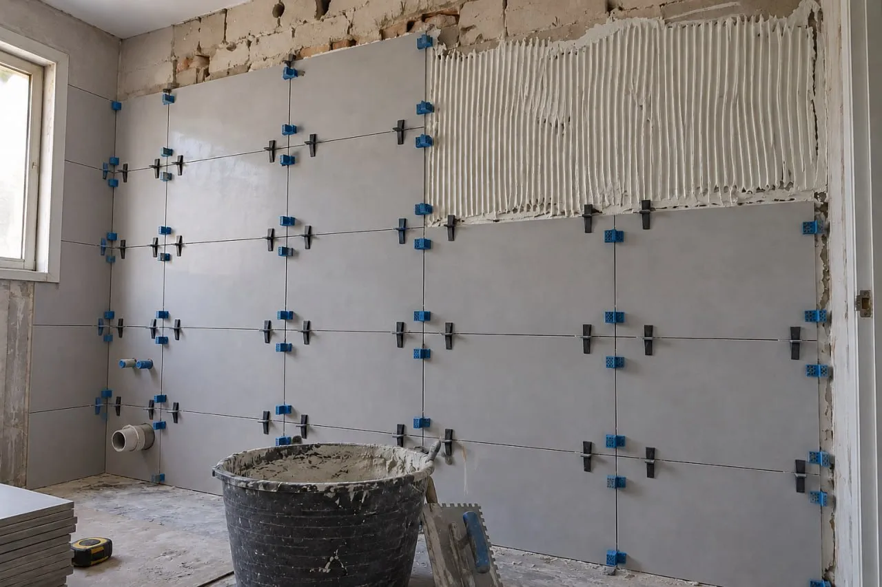 Pared en pleno alicatado: azulejos de gran formato ya colocados con separadores y, al lado, la franja con el adhesivo peinado y la llana